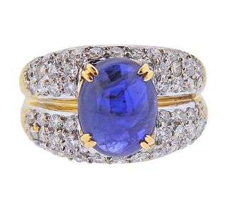 18k Gold Sapphire Cabochon Diamond Ring
