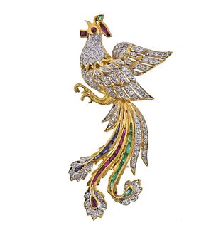 18k Gold Diamond Emerald Ruby Peacock Bird Brooch Pin 