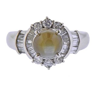 Platinum Diamond Cat's Eye Gemstone Ring