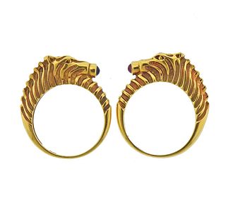 Judith Leiber 18k Gold Sapphire Ruby Horse Ring Set 