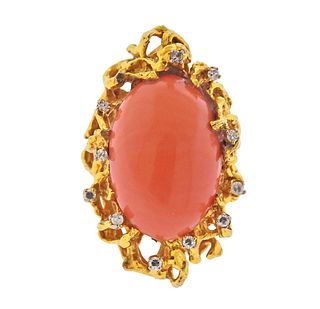 1970s 14k Gold Coral Diamond Free Form Ring 