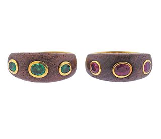 18k Gold Wood Emerald Ruby Ring Set 