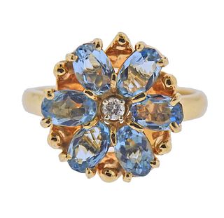 Retro 14k Gold Diamond Blue Stone Flower Ring