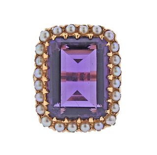 14k Gold 18.7ct Amethyst Pearl Cocktail Ring