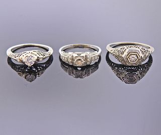 Art Deco 18k Gold Diamond Engagement Ring Lot 3pc