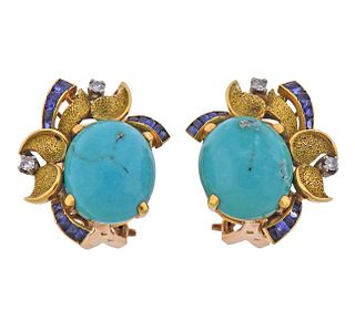 Continental 18k Gold Diamond Sapphire Turquoise Earrings