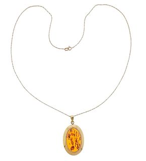 14k Gold Amber Pendant Necklace