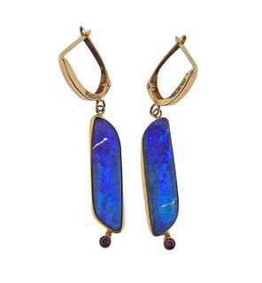 Designer Signed 14k 22k Gold Black Opal Ruby Drop Earrings