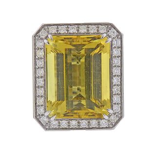 EGL 28.80ct Golden Beryl Diamond Crystal Gold Ring