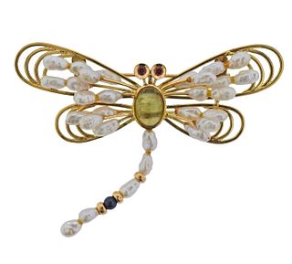 18k Gold Pearl Gemstone Dragonfly Brooch Pin