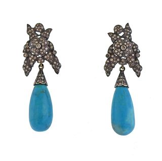 14k Gold Silver Turquoise Rose Cut Diamond Earrings 