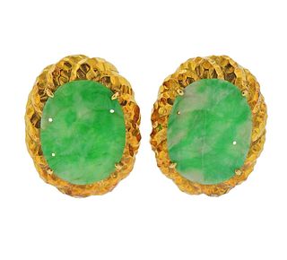 18k Gold Carved Jade Earrings 