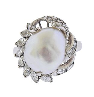Platinum Baroque Pearl Diamond Ring 