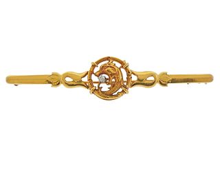 Art Nouveau 18k Gold Diamond Bar Brooch 
