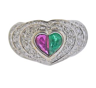 18k Gold Diamond Emerald Ruby Heart Ring 