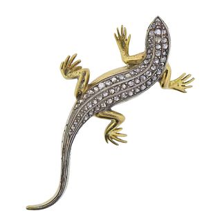 Antique 18k Gold Rose Cut Diamond Lizard Brooch Pin 