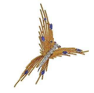 1960s 18k Gold Diamond Sapphire Ruby Butterfly Brooch 