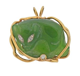 14k Gold Carved Jade Diamond Cat Brooch Pin