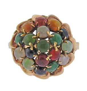 Mid Century 14k Gold Multi Color Jade Dome Ring 