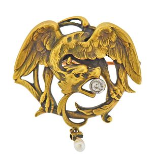 French 18k Gold Pearl Diamond Griffin Brooch Pin