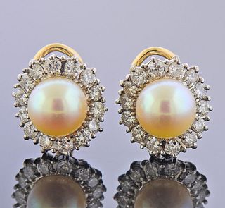 Mid Century 14k Gold Pearl Diamond Earrings 