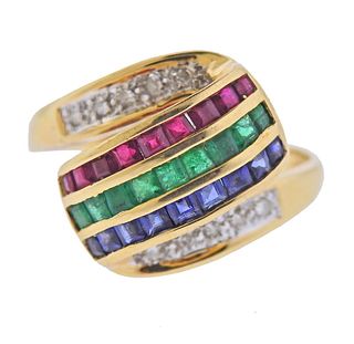 14k Gold Diamond Ruby Emerald Sapphire Ring 