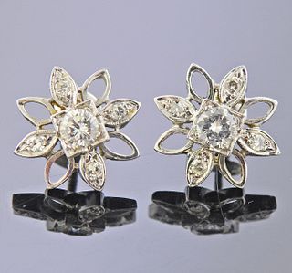 Mid Century 14k Gold Diamond Flower Stud Earrings 