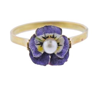 14k Gold Enamel Pearl Pansy Flower Ring 