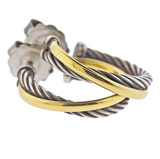 David Yurman Silver 18k Gold Cable Crossover Hoop Earrings