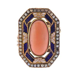 Antique Victorian 14k Gold Coral Seed Pearl Enamel Ring 