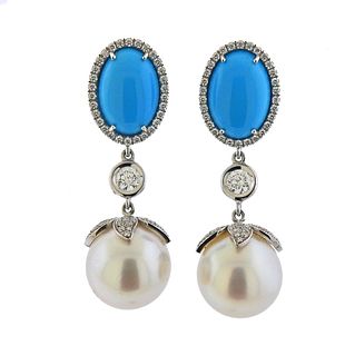 18k Gold South Sea Pearl Turquoise Diamond Earrings 