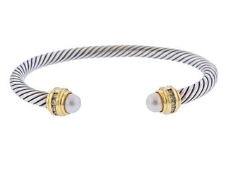 David Yurman 18k Gold Silver Pearl Diamond Cable Cuff Bracelet 
