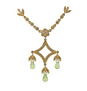 Leslie Greene 18k Gold Green Sapphire Diamond Pendant Necklace