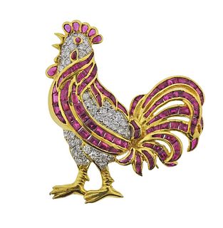 18k Gold Diamond Ruby Rooster Brooch Pin 