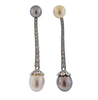 18k Gold Diamond Tahitian South Sea Pearl Drop Earrings 