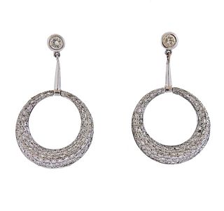 Mid Century Platinum Diamond Open Circle Drop Earrings 