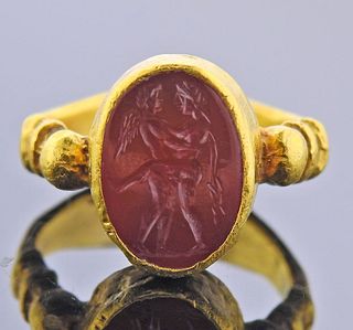 20k Gold Ring with Ancient Carnelian Erotica Intaglio 