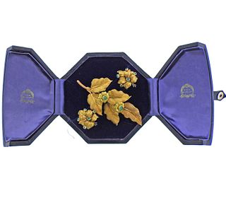 Mario Buccellati Emerald 18k Gold Leaf Earrings Brooch Set