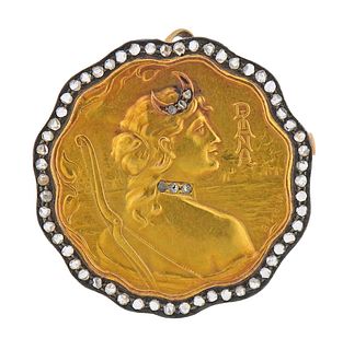 Art Nouveau 18k Gold Silver Diamond Pendant Brooch 