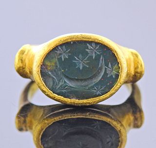 20k Gold Ring with Ancient Bloodstone Intaglio 