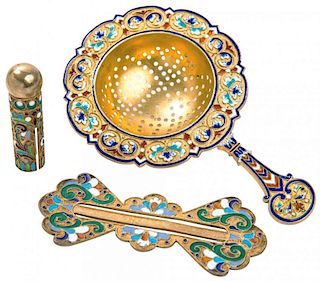 A GROUP OF THREE GILT SILVER AND ENAMEL RUSSIAN REVIVAL STYLE OBJECTS, VARIOUS MAKERS, LATE 19TH-EARLY 20TH CENTURY