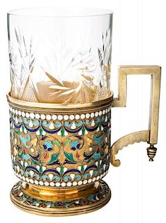 A GILT SILVER AND CLOISONNE ENAMEL TEA GLASS HOLDER AND GLASS, ANDREY POSTNIKOV, MOSCOW, 1880-1890S