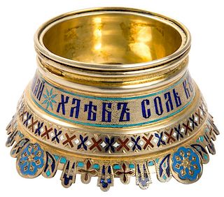 A GILT SILVER AND ENAMEL RUSSIAN REVIVAL STYLE SALT CELLAR, ANTIP KUZMICHEV, MOSCOW, CIRCA 1877