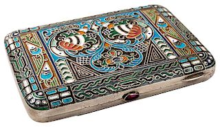 A RUSSIAN SILVER AND CLOISONNE ENAMEL CIGARETTE CASE IN THE PAN SLAVIC STYLE, MARKED VIK, MOSCOW, 1908-1926