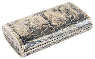 A SILVER AND NIELLO SNUFF BOX WITH STYLIZED GENRE SCENES, MARKED CD, MOSCOW, 18TH CENTURY