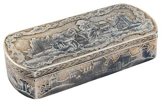 A PARCEL GILT SILVER AND NIELLO SNUFF BOX WITH STYLIZED GENRE SCENES, MOSCOW, 18TH CENTURY