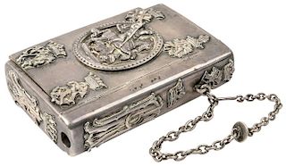 A RUSSIAN SILVER CIGARETTE VESTA CASE WITH APPLIQUES, MARKED MK [?], ST. PETERSBURG, LAST QUARTER OF THE 19TH CENTURY