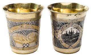 A PAIR OF GILT SILVER AND NIELLO TUMBLERS, MOSCOW, MID 19TH CENTURY