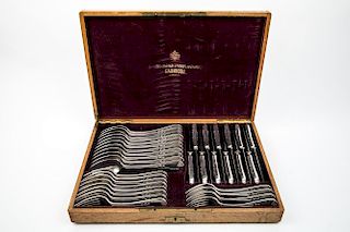A SET OF DINNER SPOONS, KNIVES AND FORKS FOR 12 PEOPLE IN AN ORIGINAL LINED WOODEN CASE, MARKED SAZIKOV WITH AN IMPERIAL WARRANT, ST. PETERSBURG, LAST