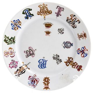 A RUSSIAN PORCELAIN PLATE WITH VARIOUS ROYAL CYPHERS, 19TH-20TH CENTURY
